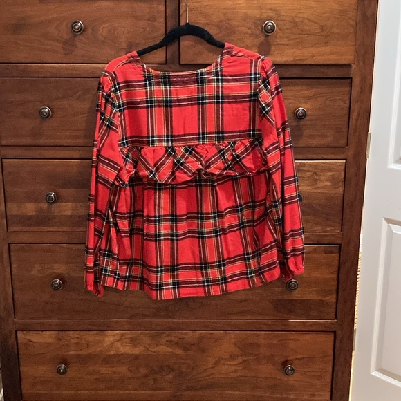 J Crew Flannel Ruffle Blouse in Festive Plaid Red Size L - Picture 4 of 4